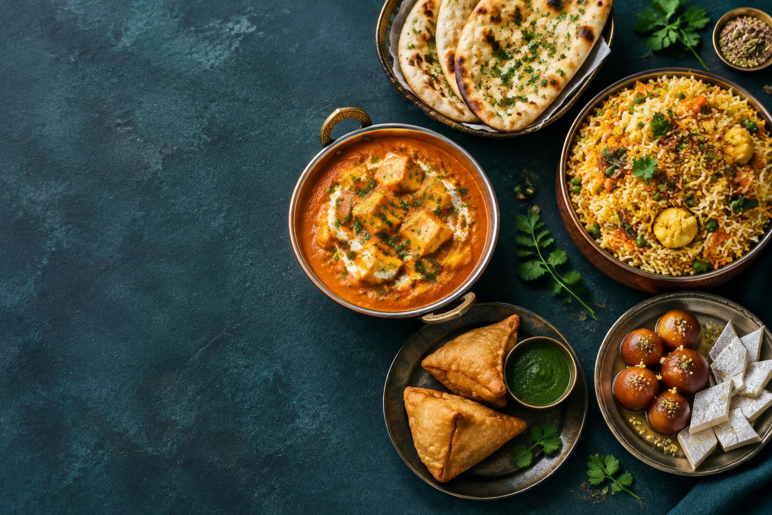 Paneer curry, biryani, naan and fresh Indian sweets